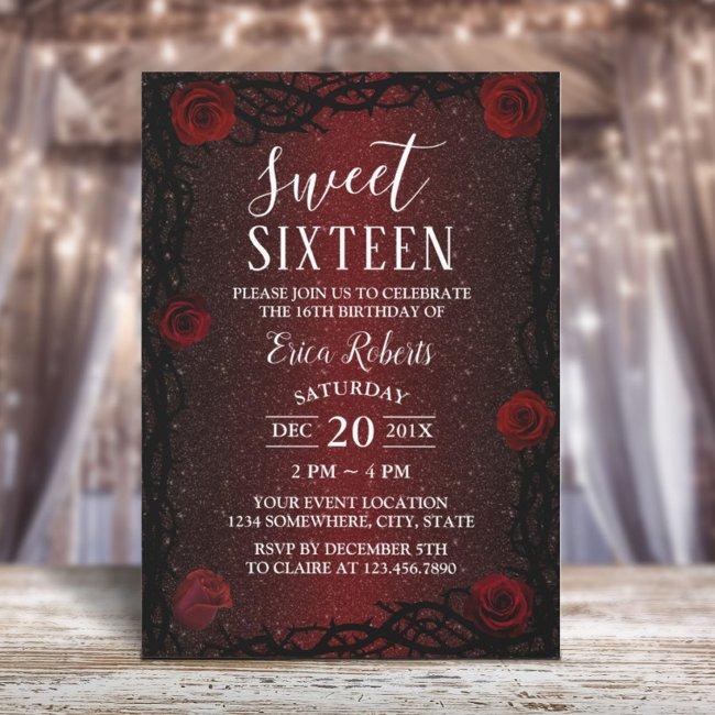Sweet 16 Rose Flower & Thorn Burgundy Red Glitter Invitation