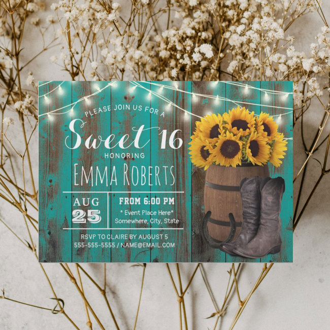 Sweet 16 Rustic Sunflower Teal Western Cowgirl Invitation