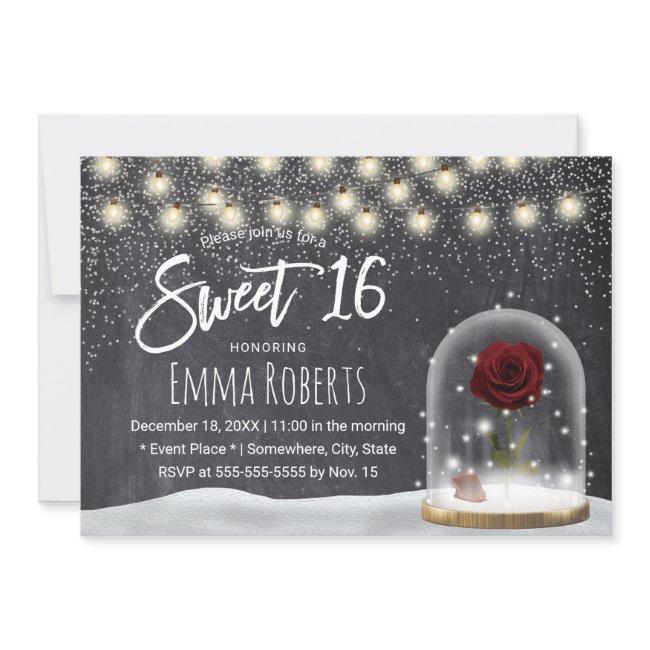 Sweet 16 Rustic Winter Beauty Rose Dome Chalkboard Invitation