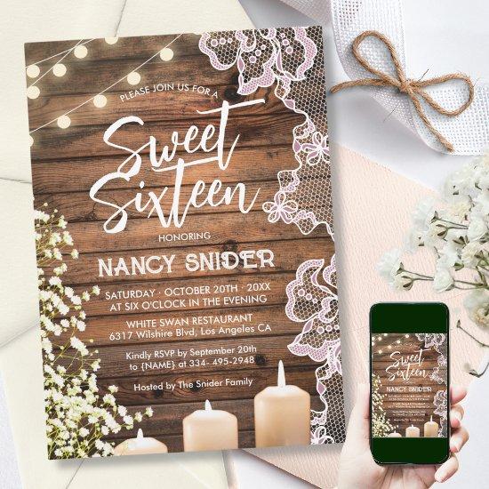 Sweet 16 Rustic Wood String Lights Modern Invitation