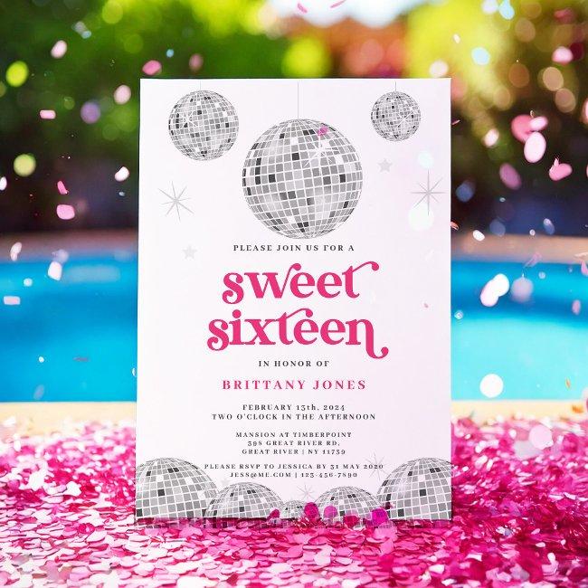 Sweet 16 Silver Retro Disco Pink Glitter Invitation