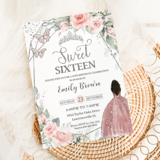 Sweet 16 Sixteen Birthday Blush Floral Brown Girl Invitation