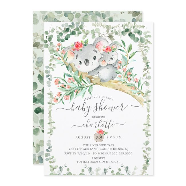 Sweet Koala Bear Girls Baby Shower Invitation