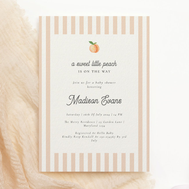 Sweet Little Peach Baby Shower Invite With Stripes