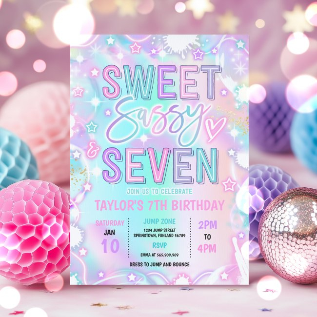 Sweet Sassy And Seven Neon Glow 7th Birthday Party Invitation