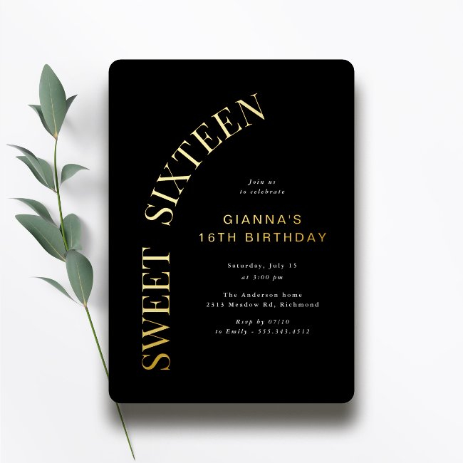 Sweet Sixteen | Cool Black And Gold 16th Birthday Foil Invitation
