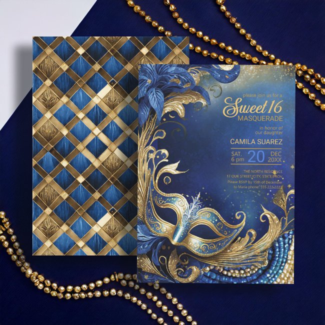 Sweet Sixteen Masquerade Blue Gold Id1032 Invitation