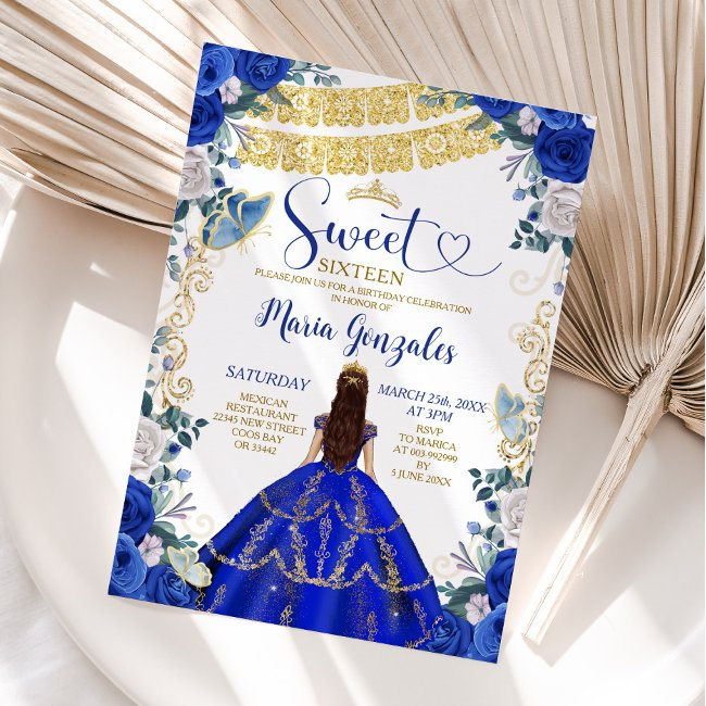 Sweet Sixteen Royal Blue Butterfly Birthday Party Invitation