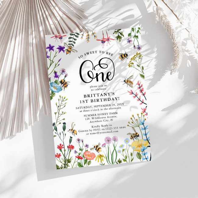 'sweet To Bee' Wildflower & Bumblebee 1st Birthday Invitation
