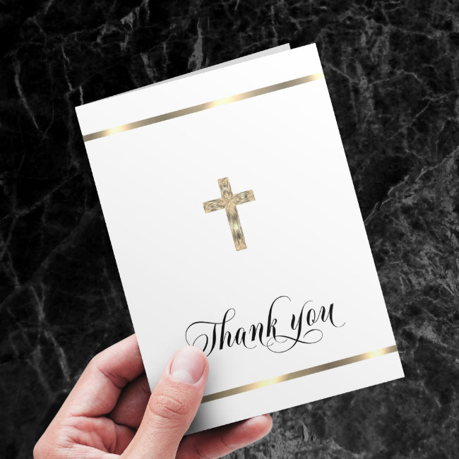 Sympathy Memorial Religious Cross White Gold Photo Thank You Invitations