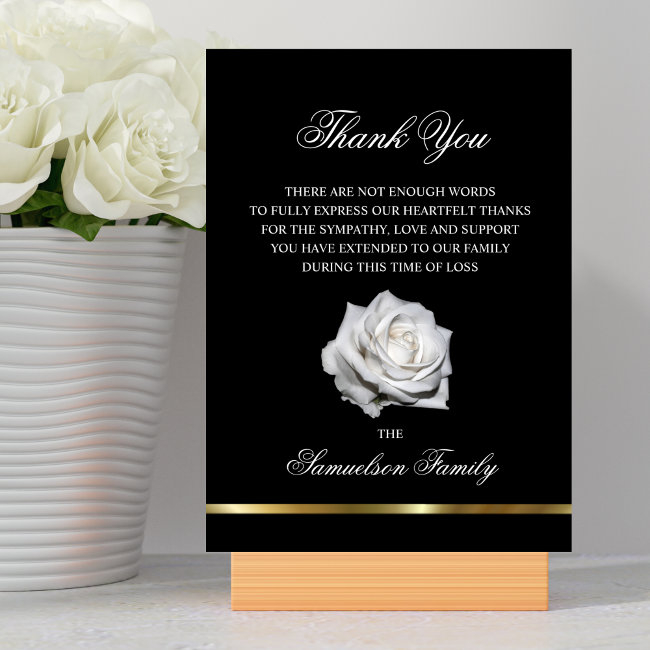 Sympathy Memorial White Rose Black Gold Photo Thank You Invitations