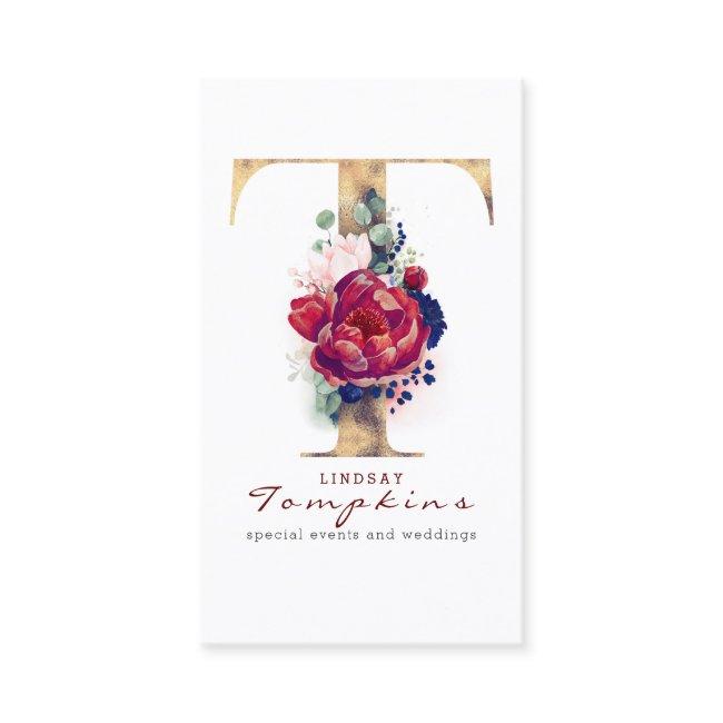 T Monogram Burgundy Gold And Navy Blue Floral Business Invitations