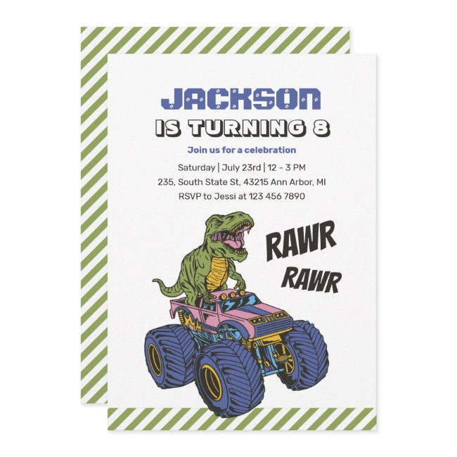 T-rex Monster Truck Rawr Dinosaur Kids Birthday Invitation