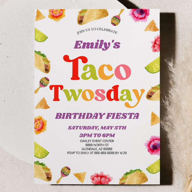 Taco Twosday Fiesta 2nd Second Birthday Party Invitation