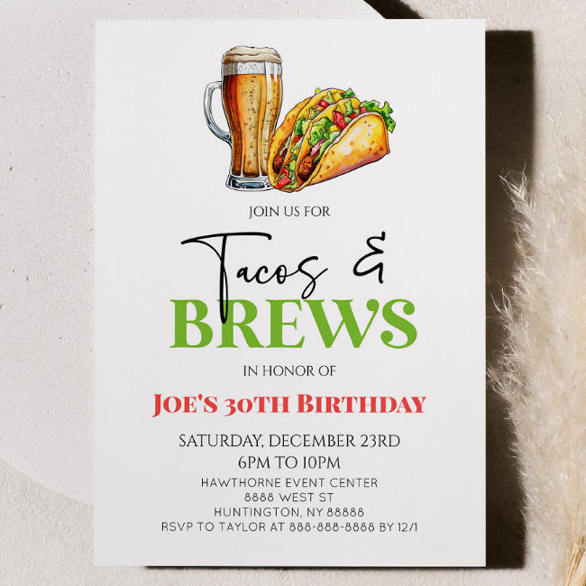 Tacos And Brews Beer Glass Birthday Party Invitation