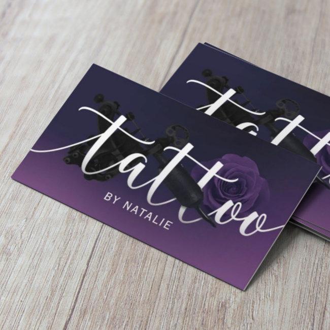 Tattoo Artist Gun & Flower Typography Deep Purple Business Invitations