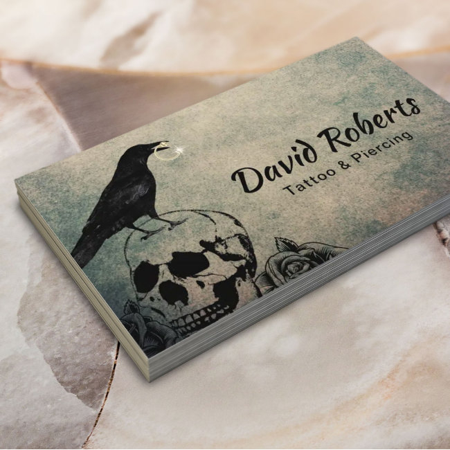 Tattoo & Piercing Gothic Crow Skull & Rose Flowers Business Invitations