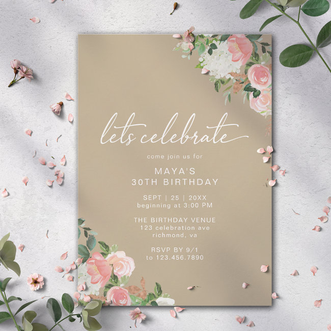 Taupe Beige & Blush Pink | Modern Floral Birthday Invitation