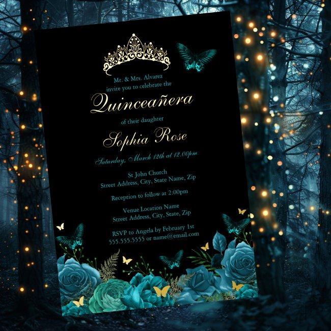 Teal Blue Gold Floral Butterfly Tiara Quinceanera Foil Invitation