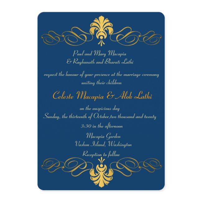 Teal Blue Gold Retro Ornate Indian Wedding Invites