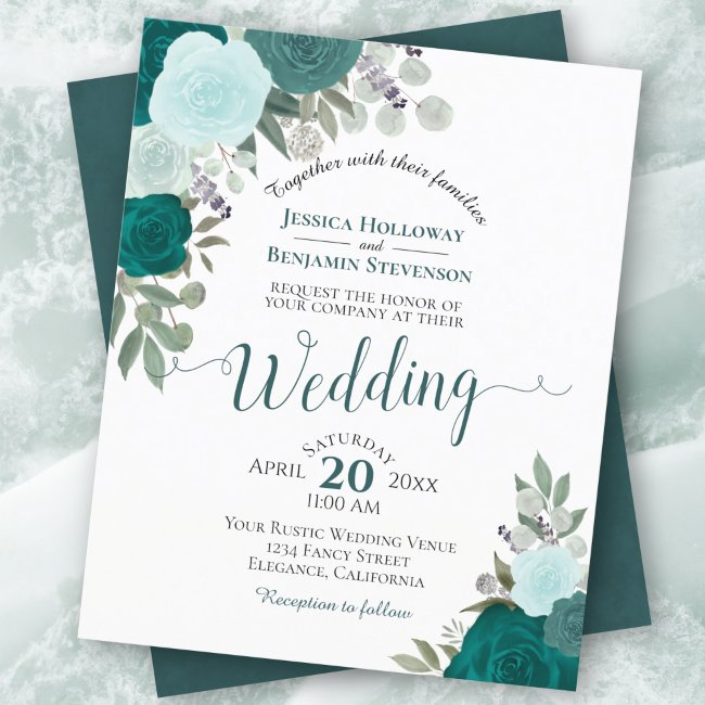 Teal Boho Chic Floral Budget Wedding Invitation