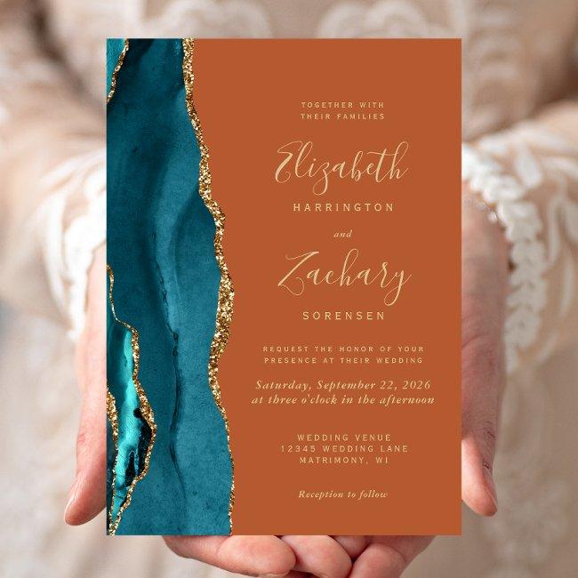 Teal Gold Agate Burnt Orange Rust Wedding Invitation