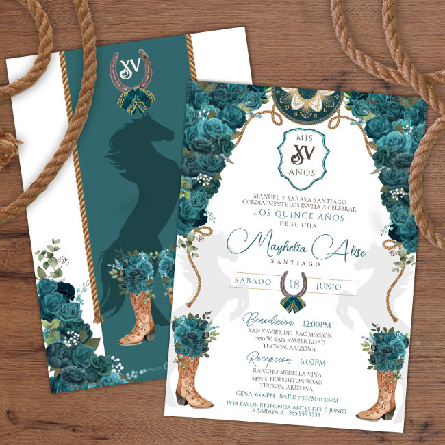 Teal Green Floral Western Charro Quinceañera Invitation