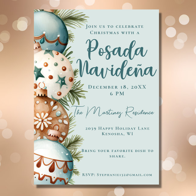 Teal Ornament Festive Mexican Posada Navideña Invitation