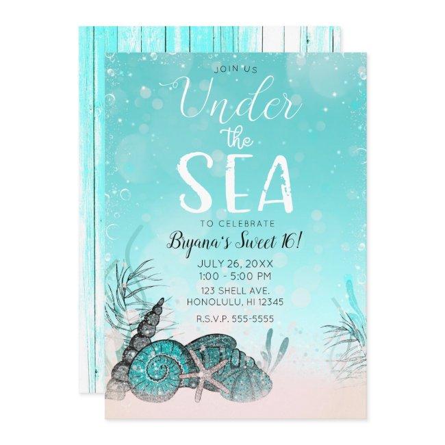 Teal Under The Sea Shells Beach Sweet 16 Party Invitation