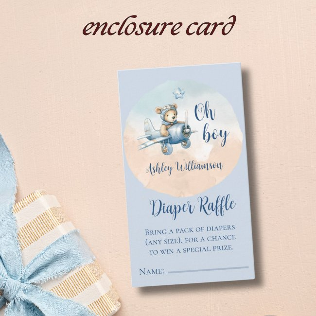 Teddy Bear Aviator Diaper Raffle For Baby Shower Enclosure Invitations
