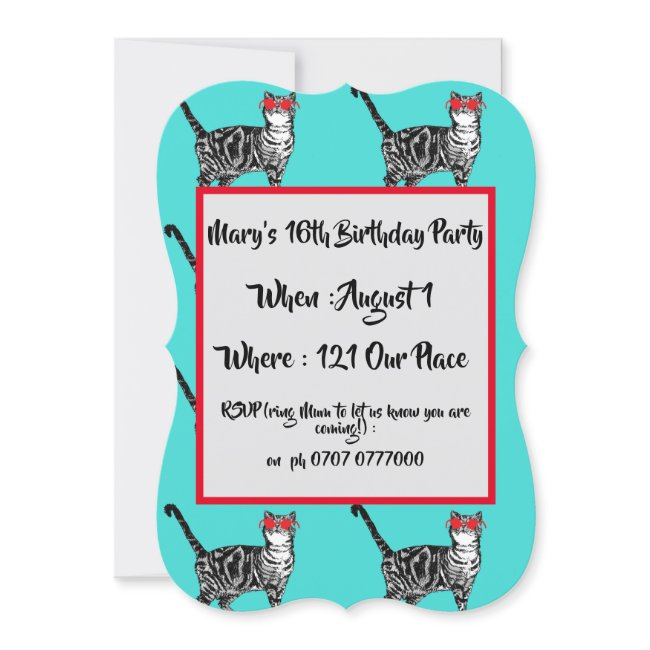 Teenage Girls Aqua Cat Birthday Invitation