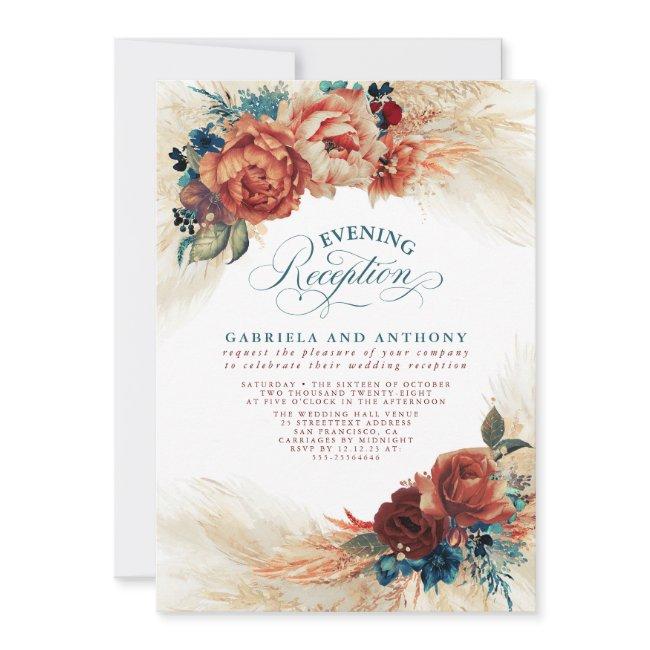 Terracotta And Teal Blue Floral Evening Reception Invitation