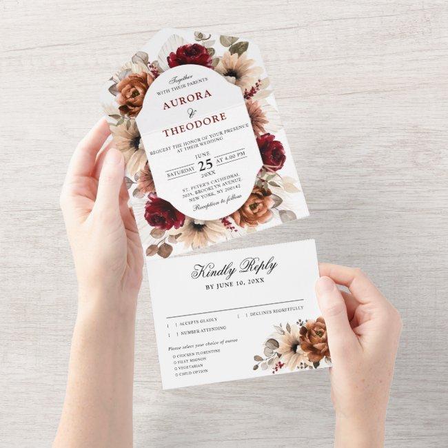 Terracotta Burgundy Mauve Floral Geometric Wedding All In One Invitation