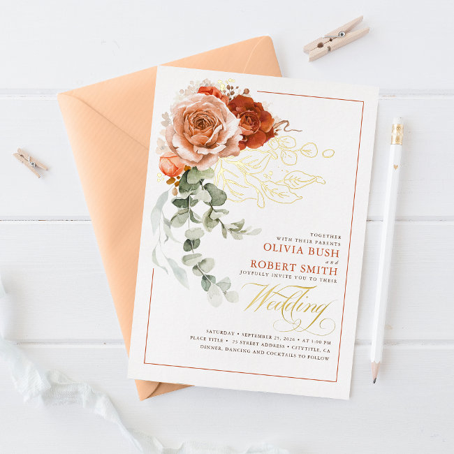 Terracotta Burnt Orange Eucalyptus Floral Wedding Foil Invitation