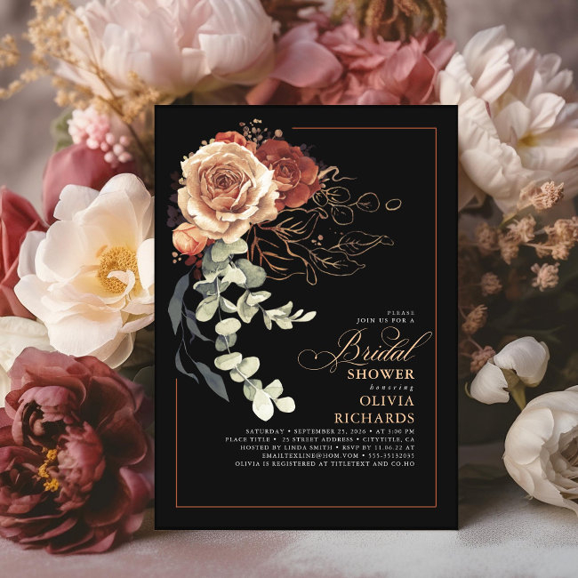 Terracotta Burnt Orange Floral Black Bridal Shower Invitation