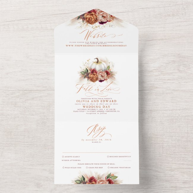 Terracotta Earthy Floral Pumpkins Fall Wedding All In One Invitation