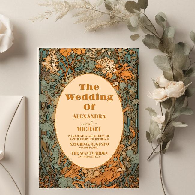 Terracotta Floral Art Nouveau Wedding Invitation