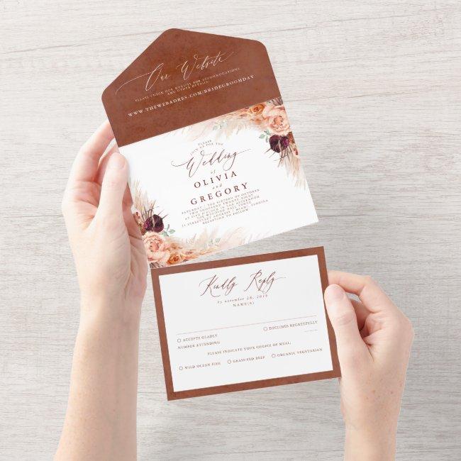 Terracotta Flowers And Pampas Grass Exotic Wedding All In One Invitation