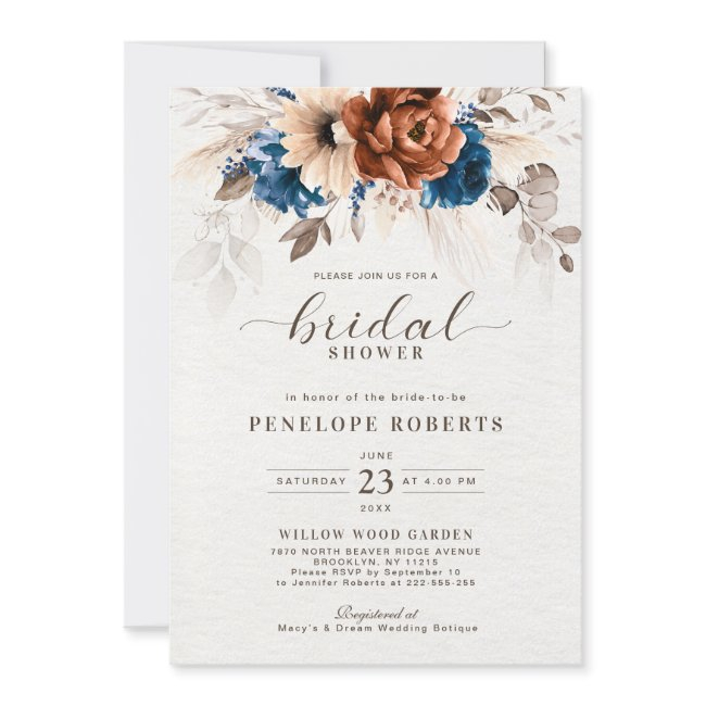 Terracotta Navy Blue Pampas Grass Bridal Shower Invitation