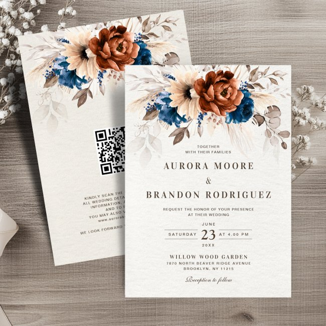 Terracotta Navy Blue Pampas Grass Qr Code Wedding Invitation