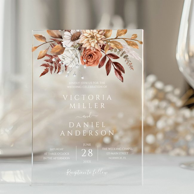 Terracotta Rust Flowers Boho Fall Foliage Wedding Acrylic Invitations