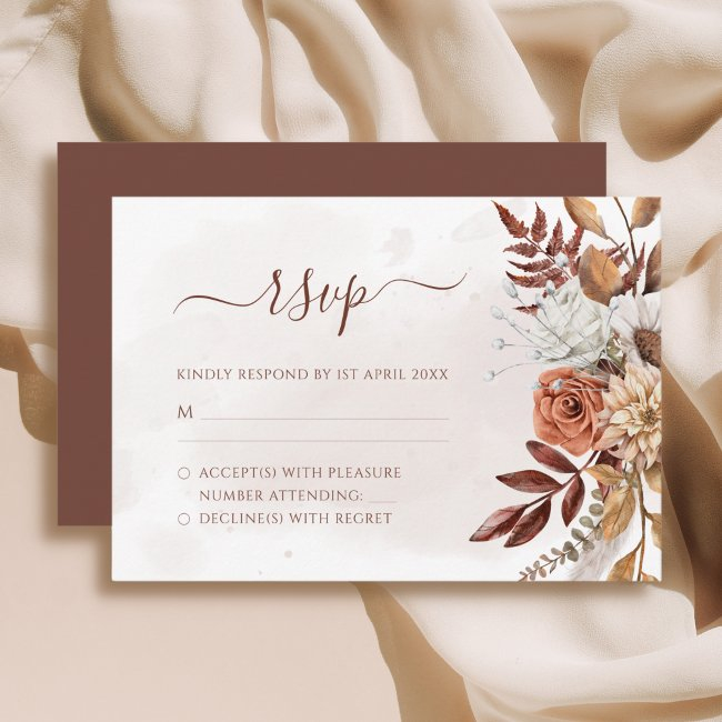 Terracotta Rust Flowers Boho Fall Foliage Wedding Rsvp Invitations