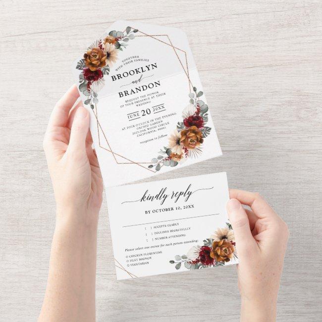 Terracotta Sage Burgundy Floral Geometric Wedding All In One Invitation