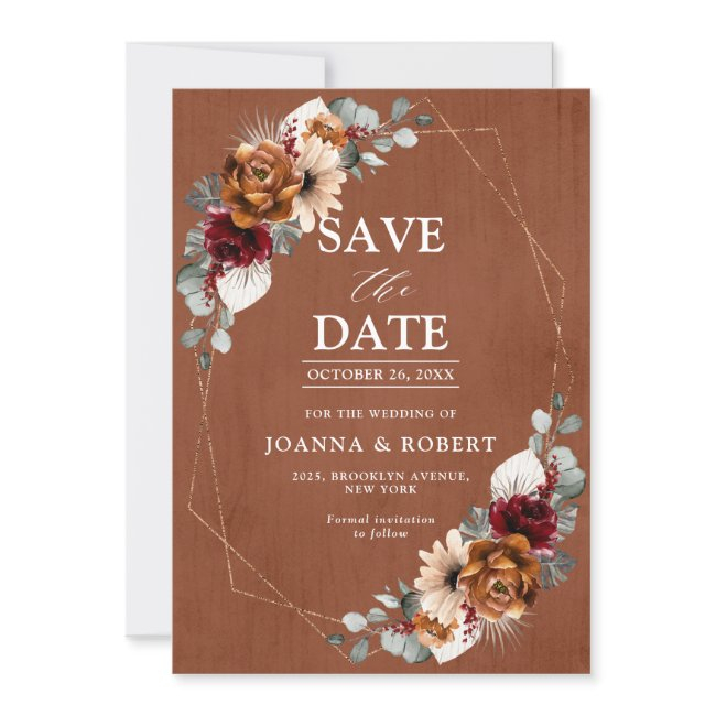 Terracotta Sage Burgundy Floral Geometric Wedding Save The Date