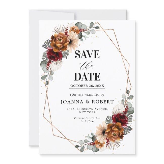 Terracotta Sage Burgundy Floral Geometric Wedding Save The Date