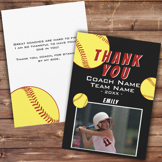 Thank You Coach Yellow Softball Photo Invitations