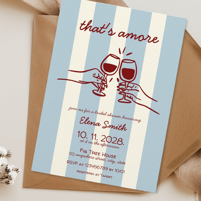 That's Amore Italian Wine Bridal Shower Hand Drawn Invitation