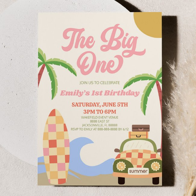 The Big One Beach Surf Pink 1st Birthday Party Invitation