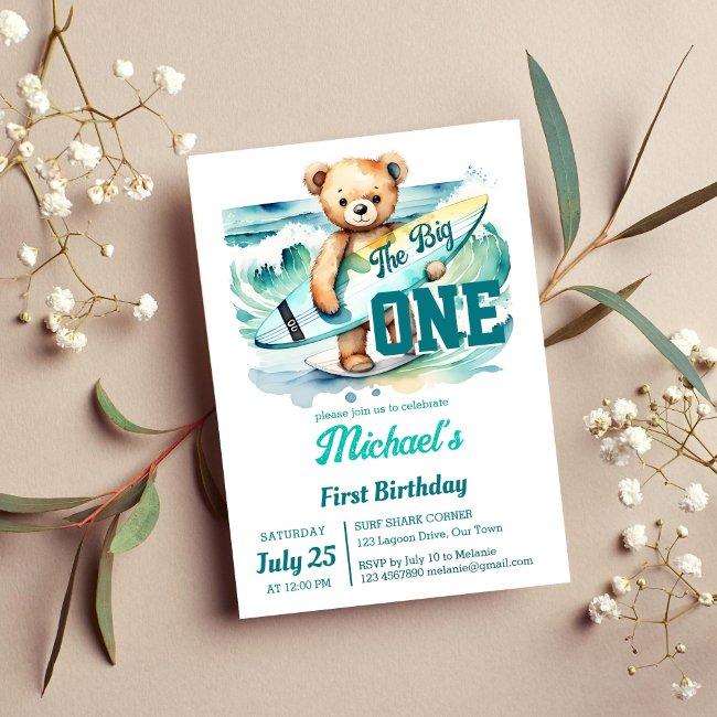 The Big One Surfing Birthday Party Teddy Surfboard Invitation