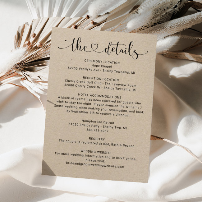 The Details Kraft Heart Script Wedding Information Enclosure Invitations